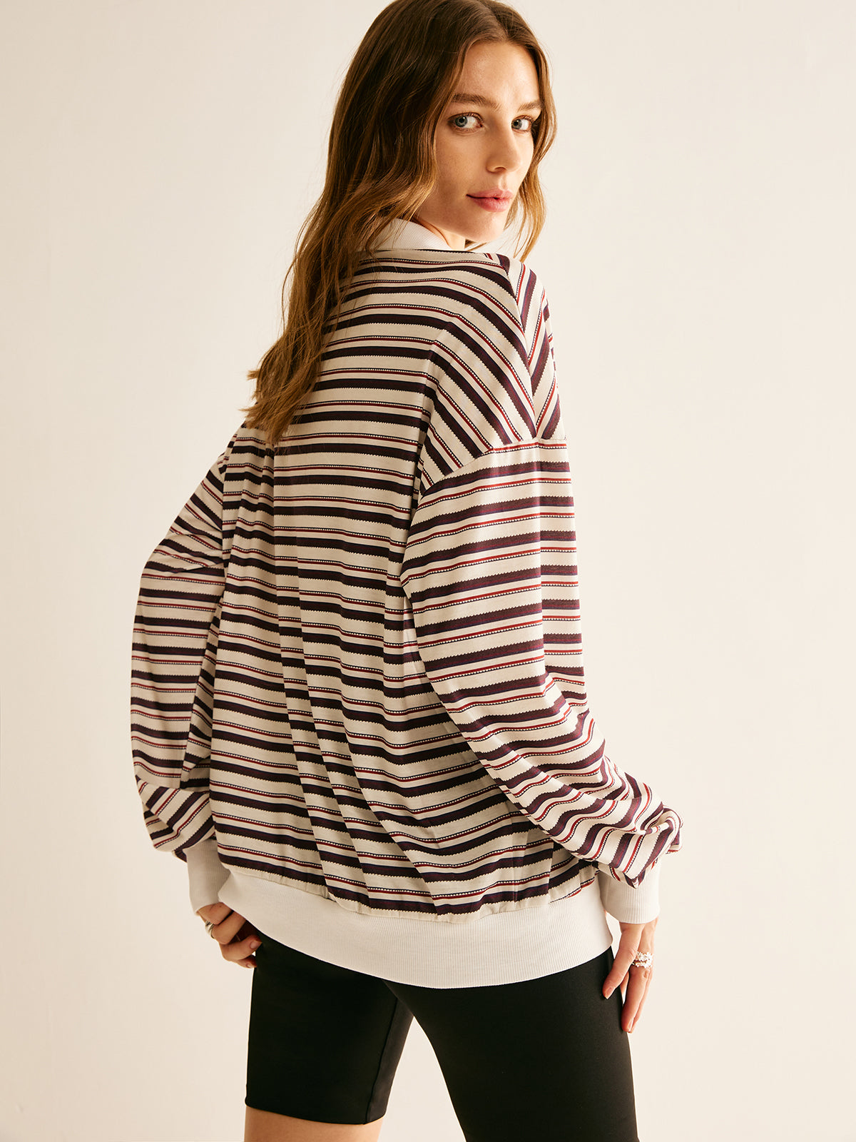 Kontrast Dikişli Çizgili Polo Sweatshirt Shine Aura