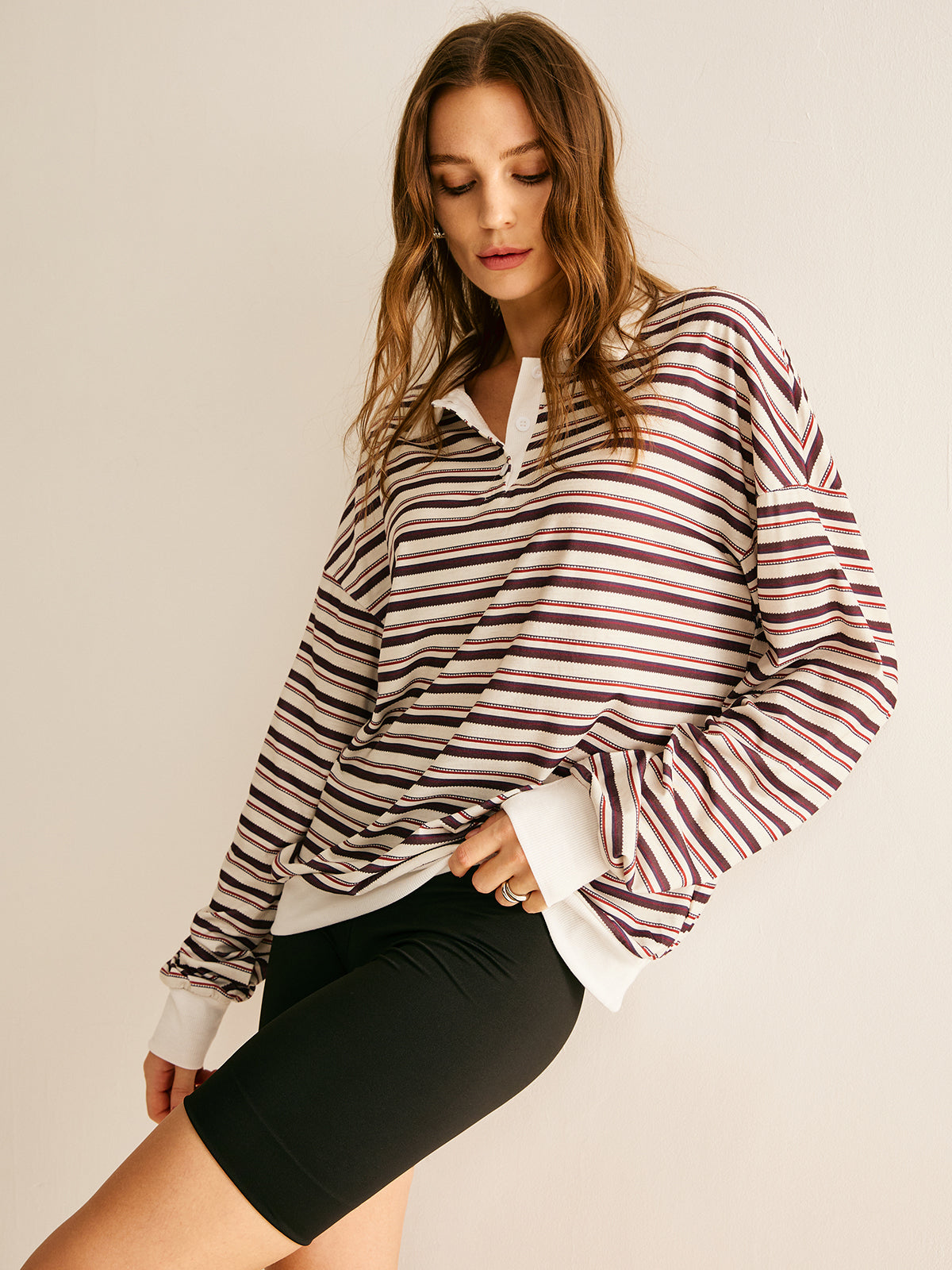Kontrast Dikişli Çizgili Polo Sweatshirt Shine Aura