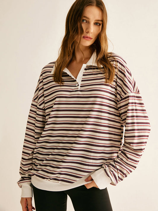 Kontrast Dikişli Çizgili Polo Sweatshirt Shine Aura