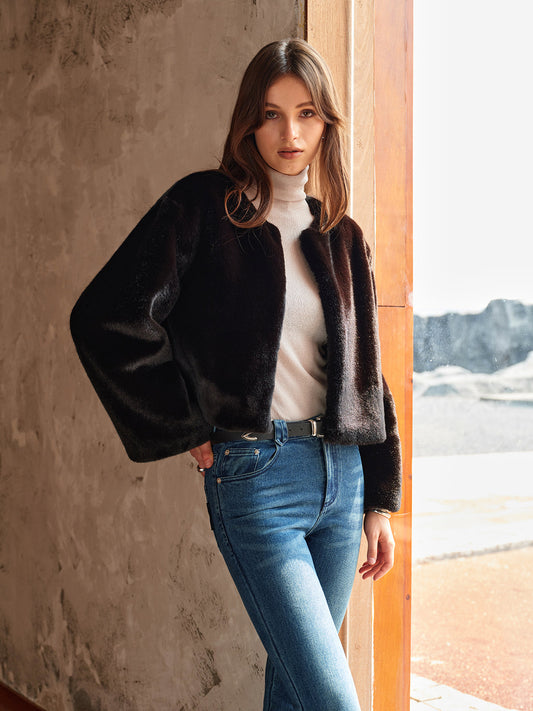 Round Neck Soft Faux Fur Coat 