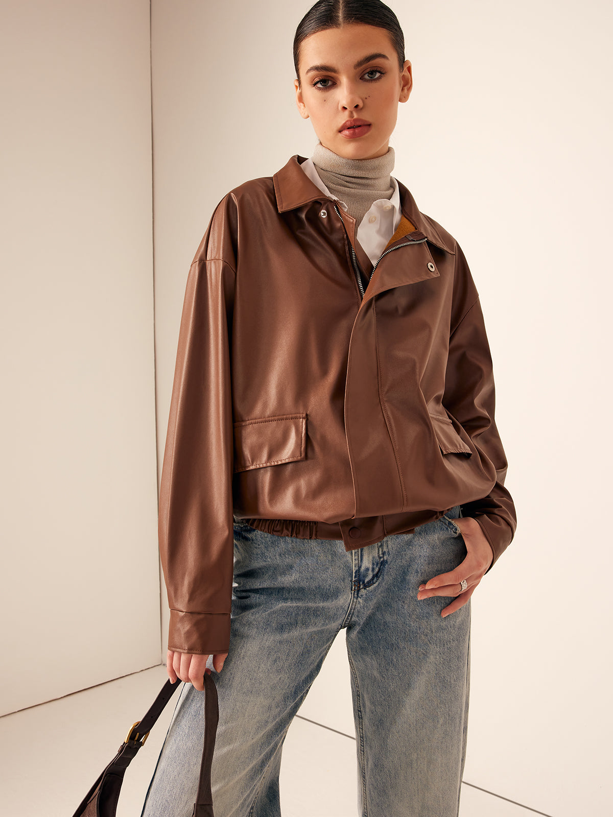 Retro Rahat Motosiklet Sahte Deri Ceket Shine Aura