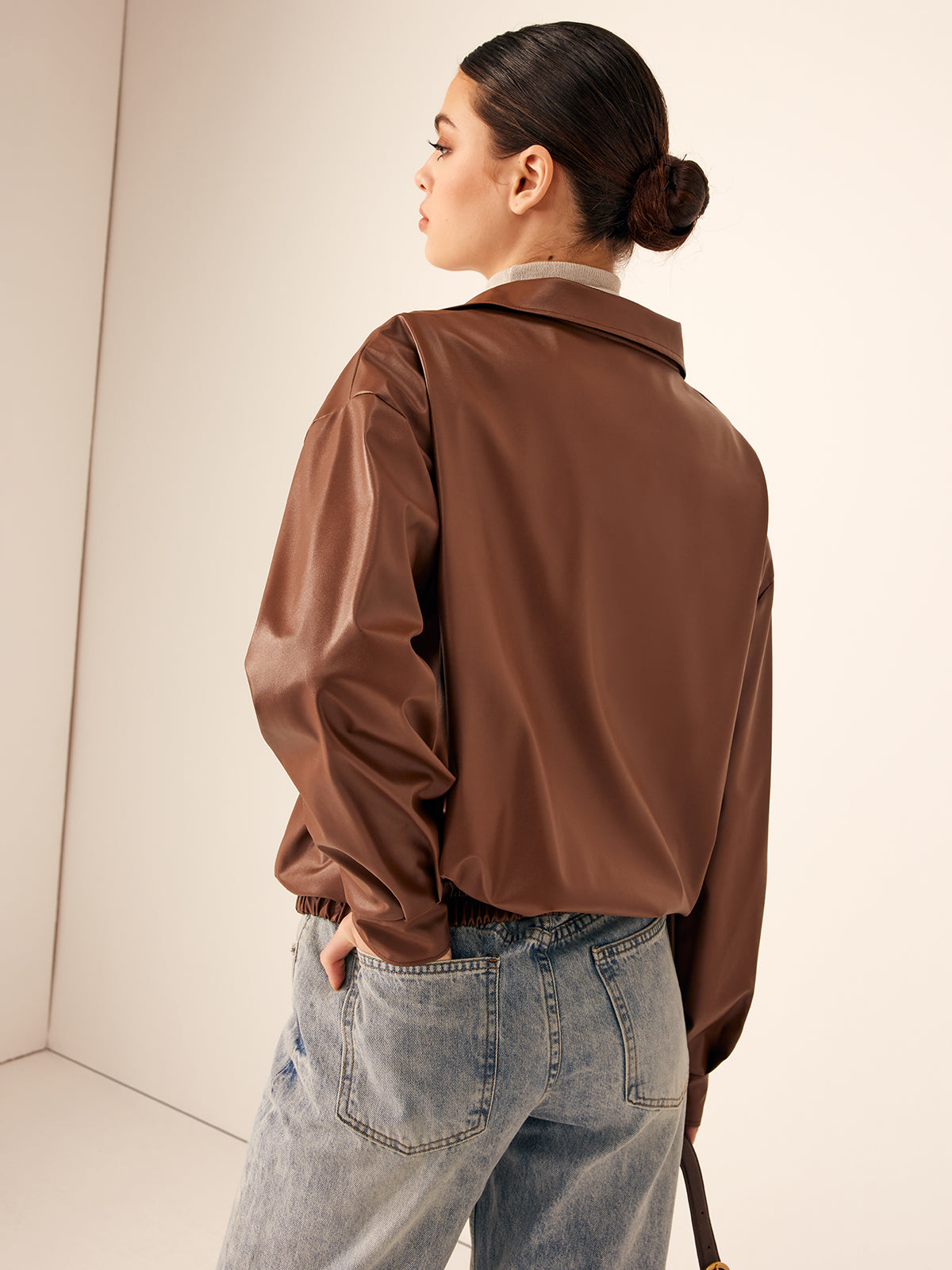 Retro Rahat Motosiklet Sahte Deri Ceket Shine Aura