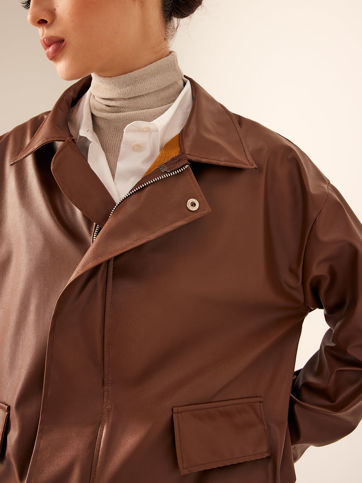 Retro Rahat Motosiklet Sahte Deri Ceket Shine Aura