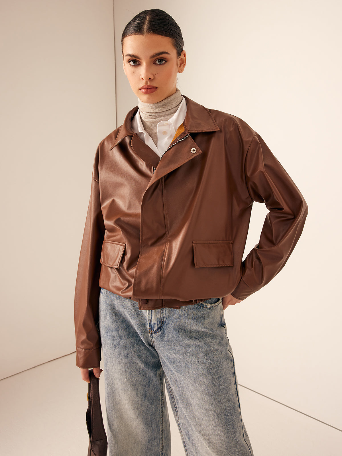 Retro Rahat Motosiklet Sahte Deri Ceket Shine Aura