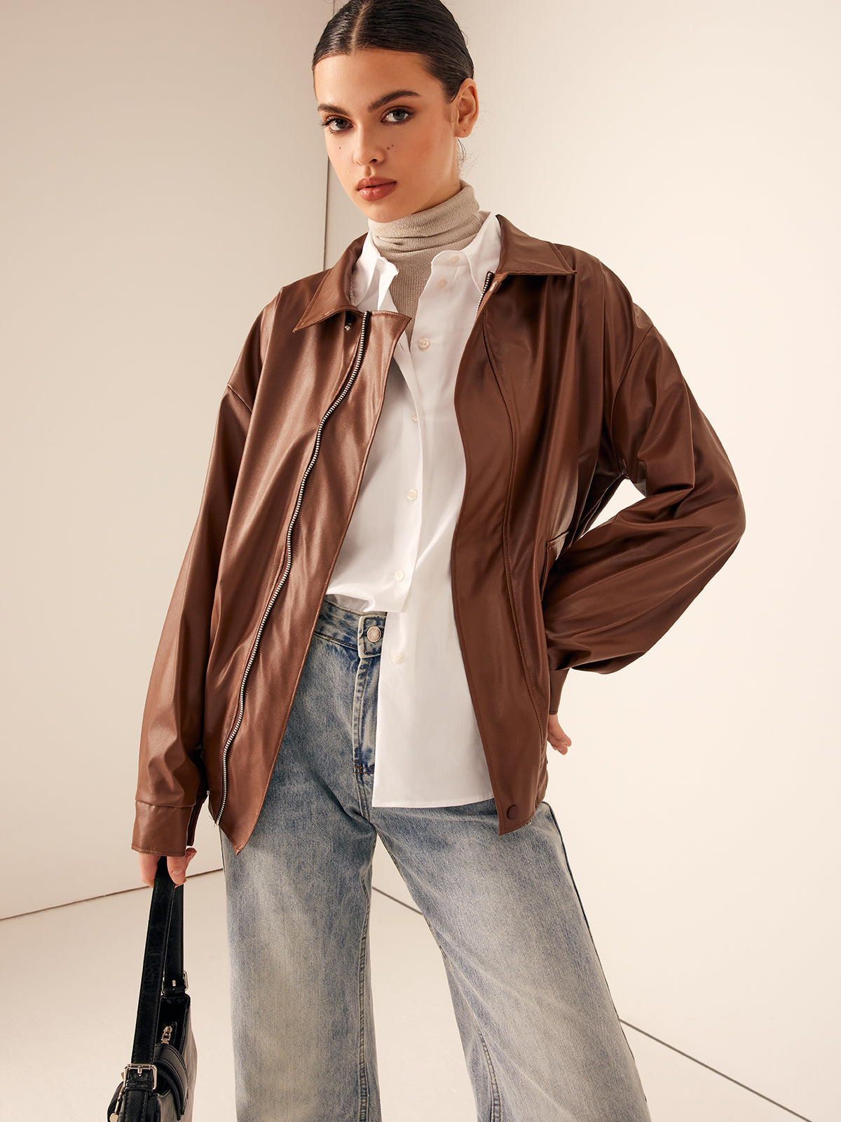 Retro Rahat Motosiklet Sahte Deri Ceket Shine Aura