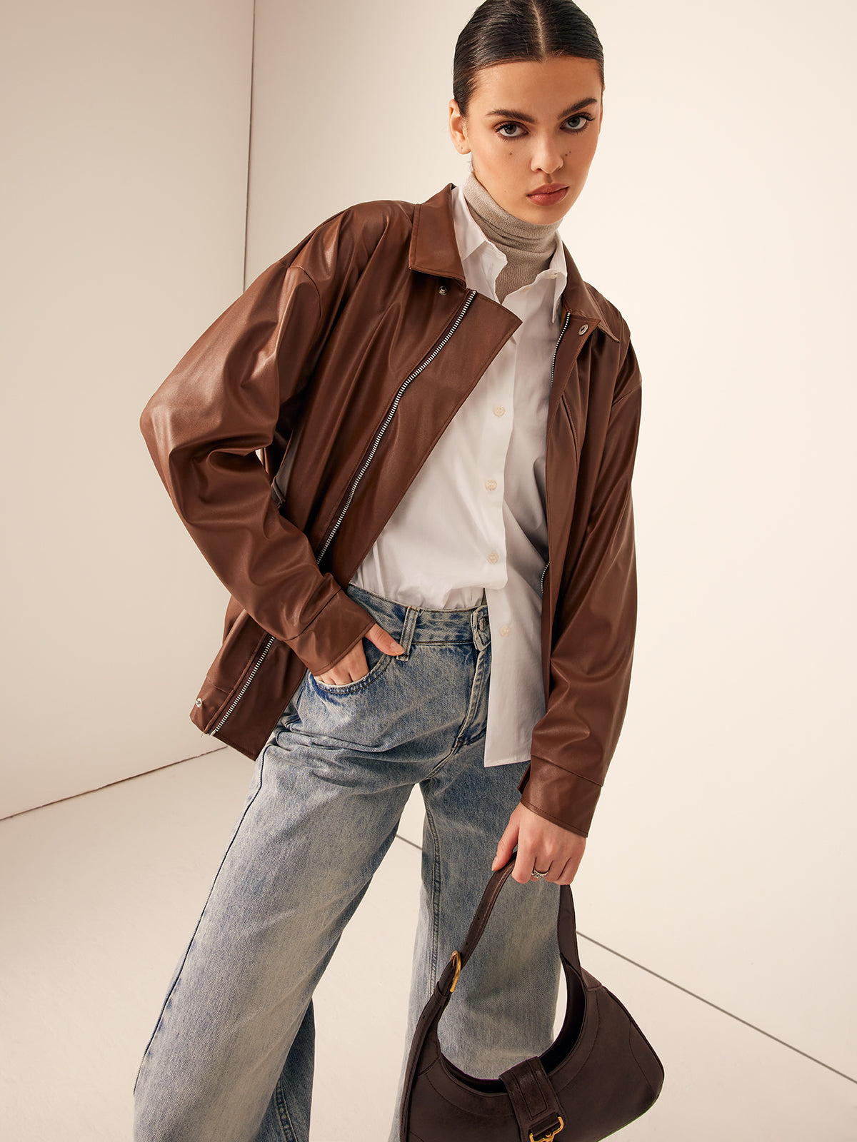 Retro Rahat Motosiklet Sahte Deri Ceket Shine Aura