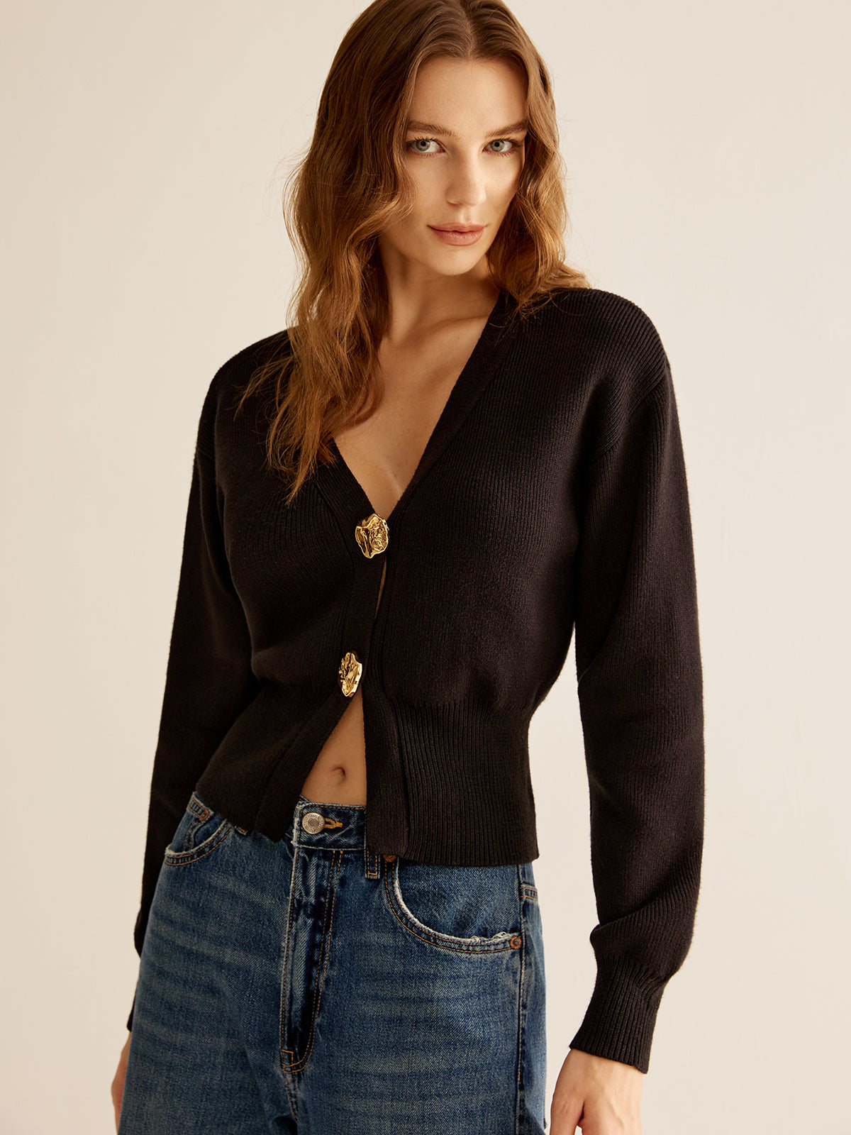Ribbed V-Neck Cinched Cardigan Shine Aura