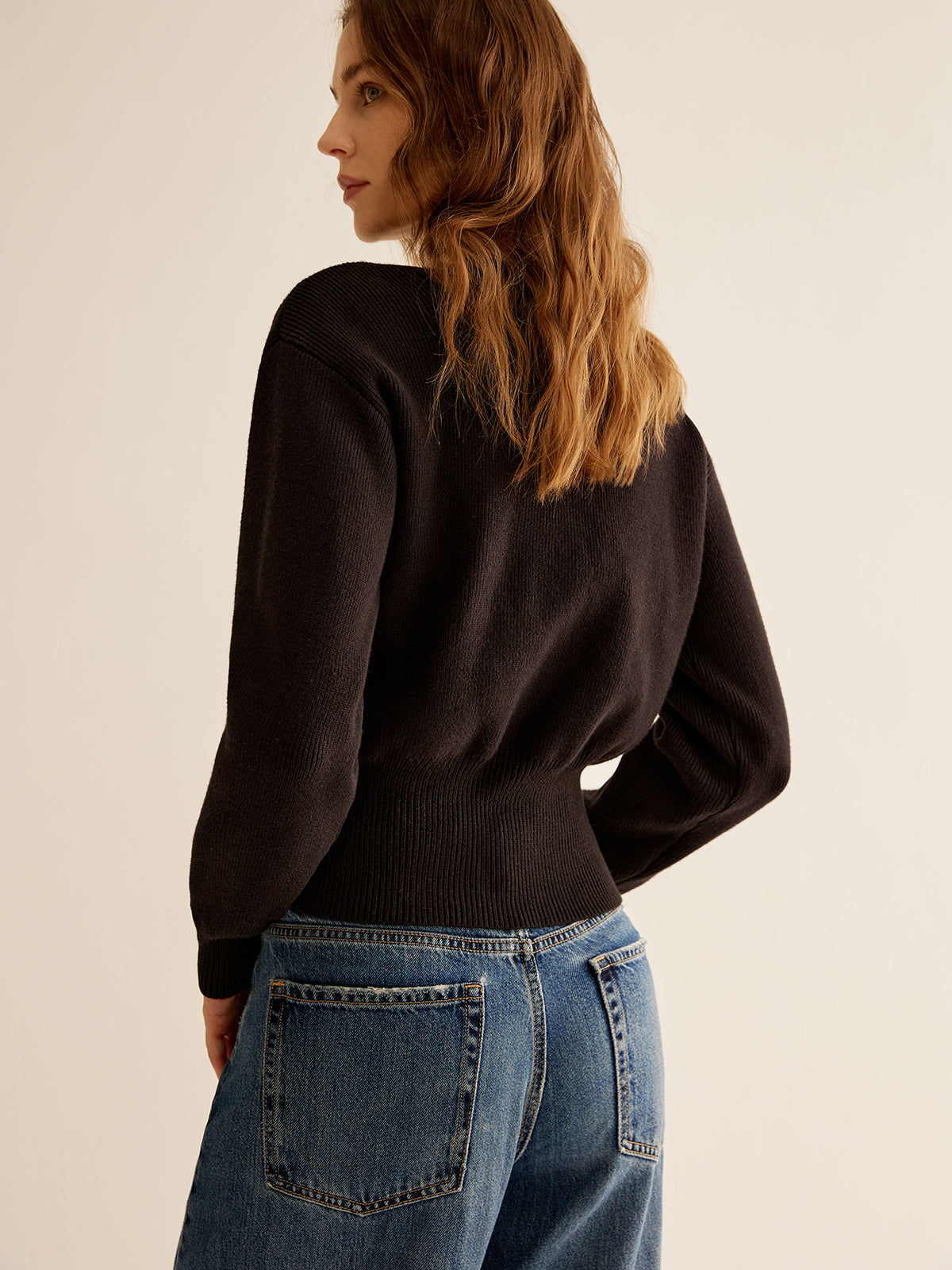 Ribbed V-Neck Cinched Cardigan Shine Aura