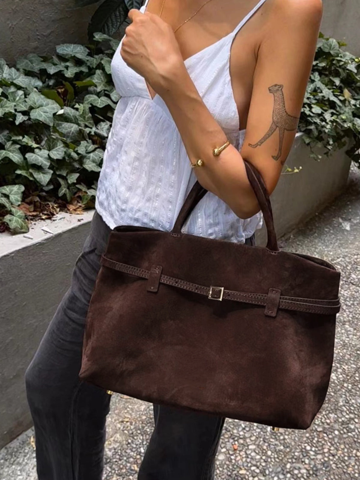Vintage Buckle-Design Top-Handle Bag Shine Aura