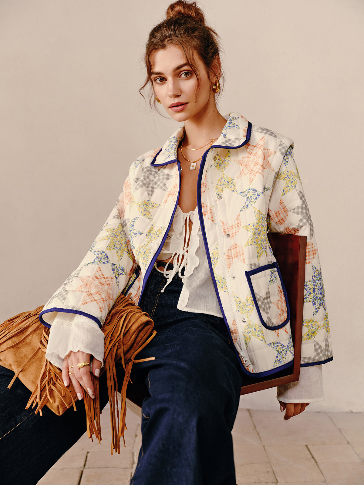 Boheme Baskılı Kontrast Kenar Kış Palto Shine Aura