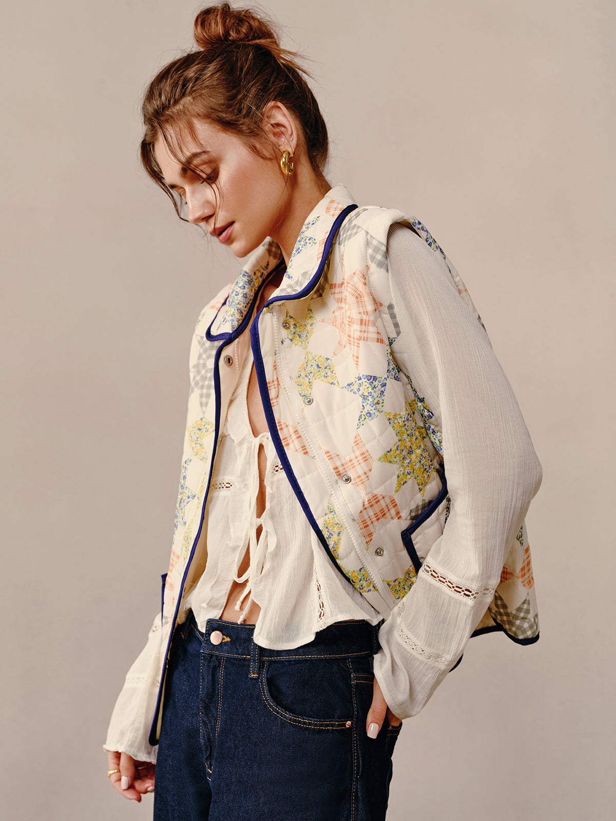 Boheme Baskılı Kontrast Kenar Kış Palto Shine Aura