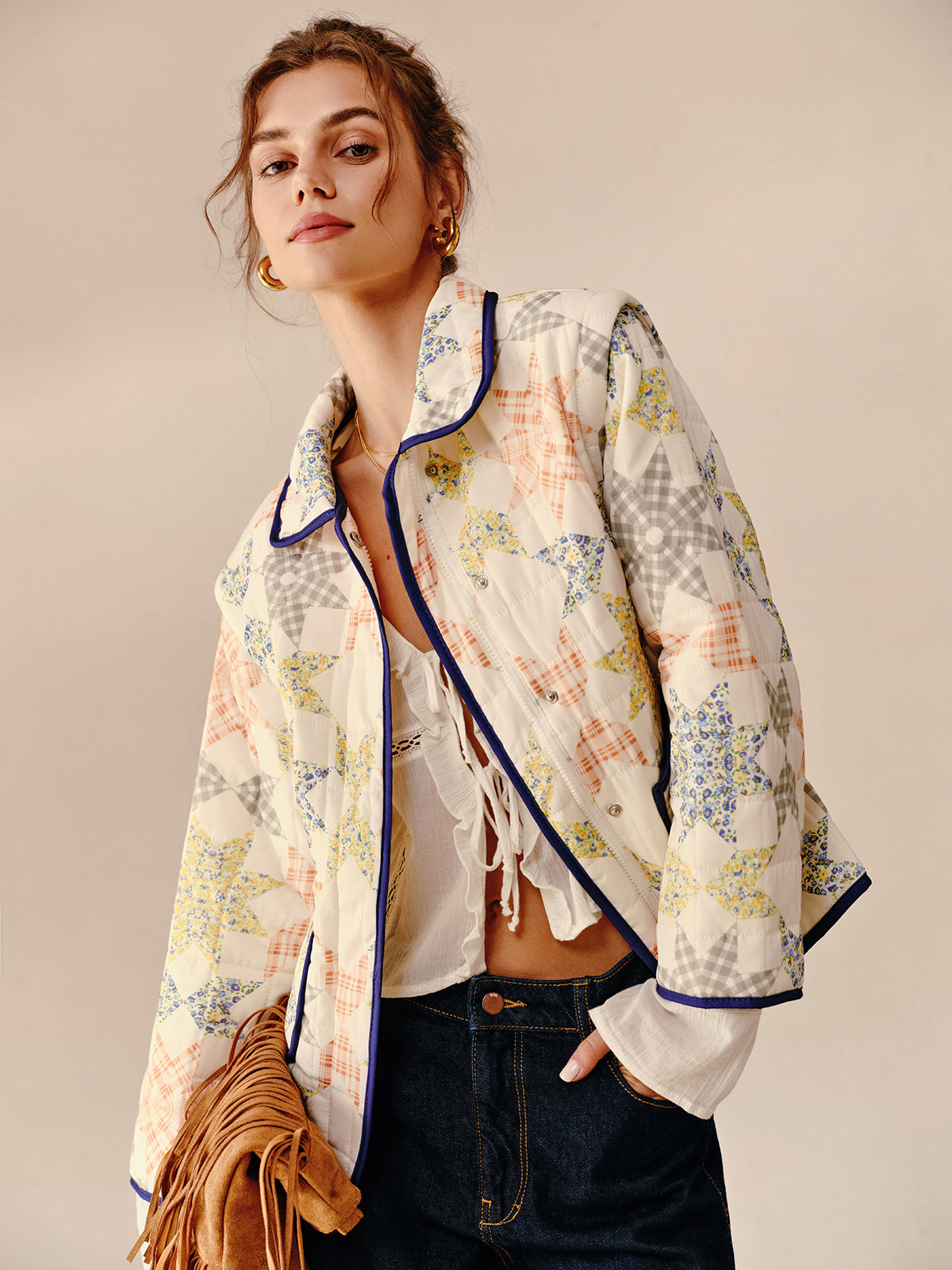 Boheme Baskılı Kontrast Kenar Kış Palto Shine Aura