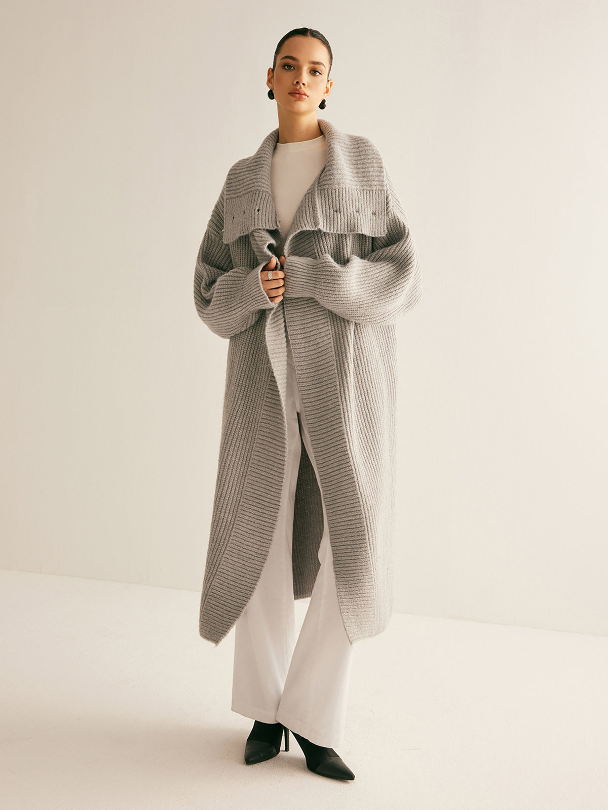 Yaka Şal Kıvrımlı Uzun Kaban Shine Aura