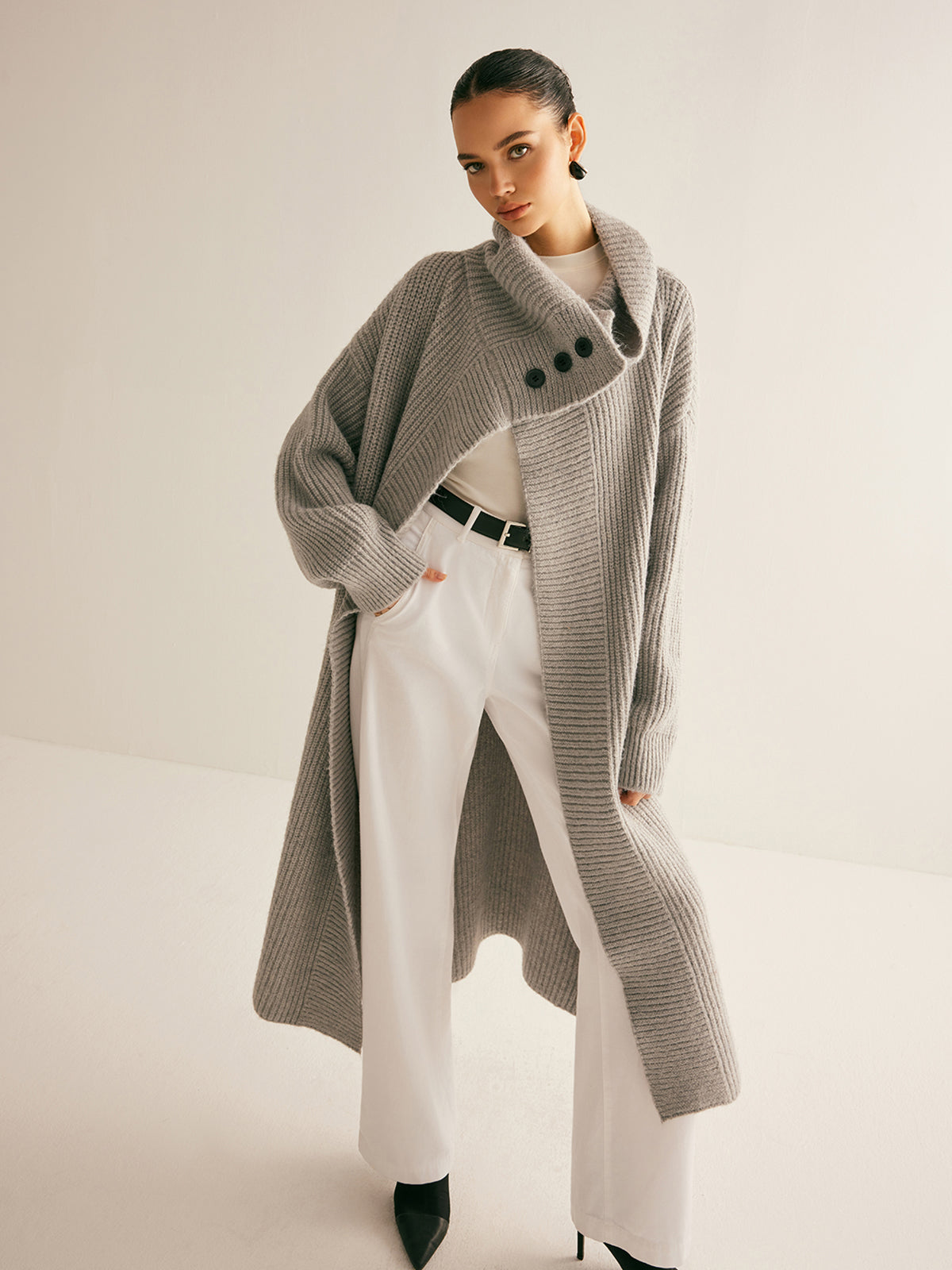 Yaka Şal Kıvrımlı Uzun Kaban Shine Aura