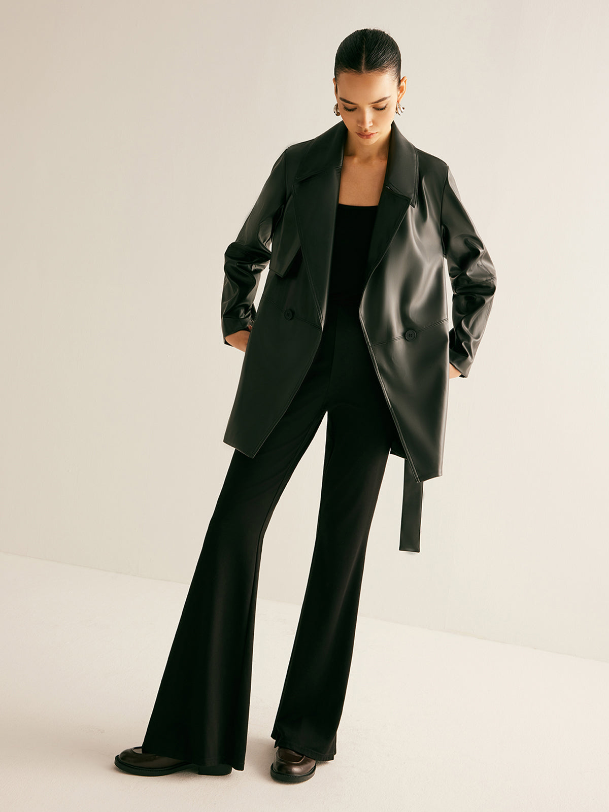 Shift Kuşaklı PU Deri Ceket Shine Aura