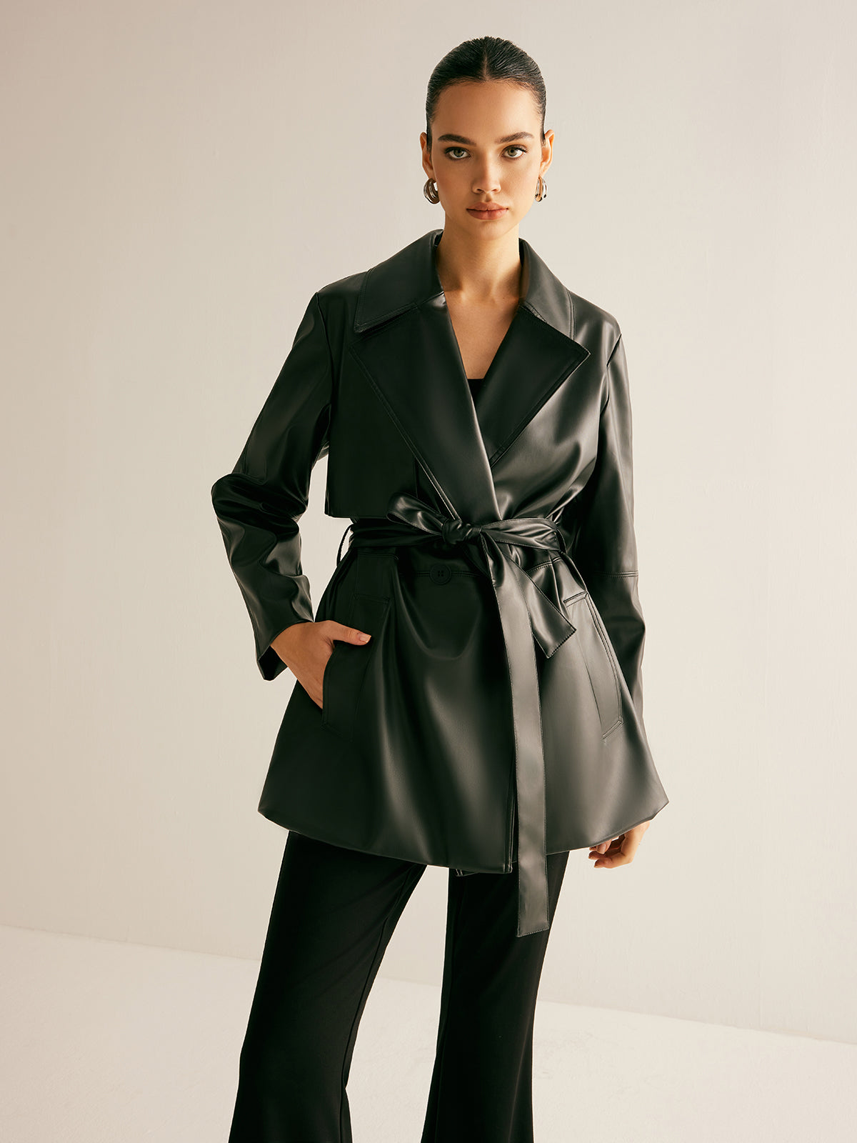 Shift Kuşaklı PU Deri Ceket Shine Aura