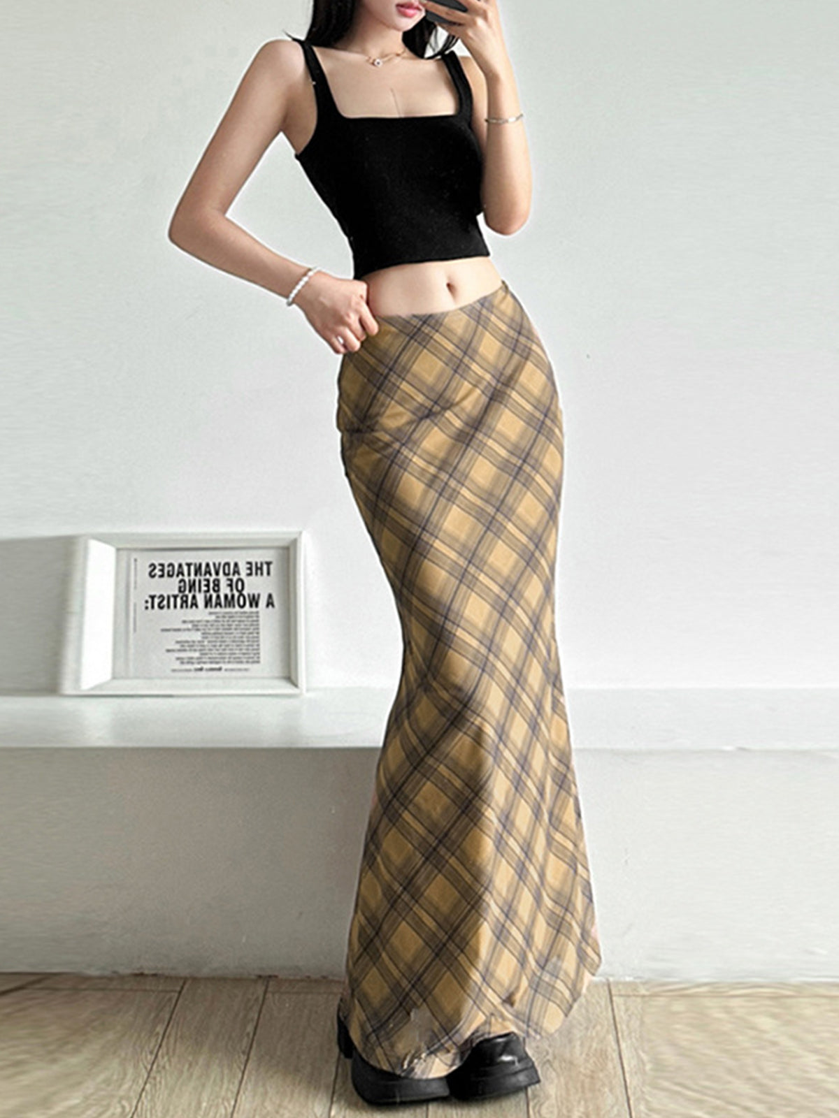 Vintage Ekoseli Midi Etek Shine Aura