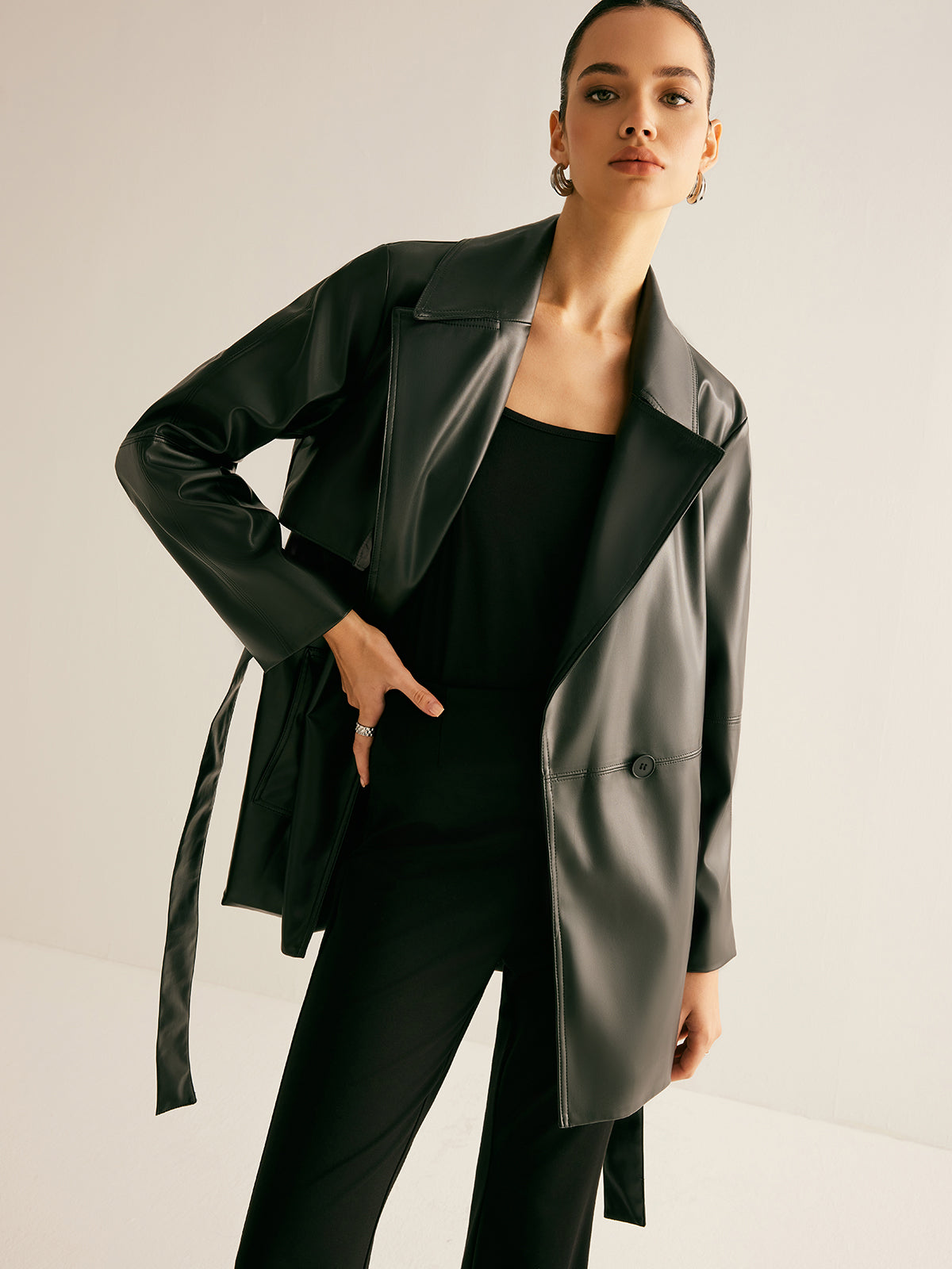 Shift Kuşaklı PU Deri Ceket Shine Aura