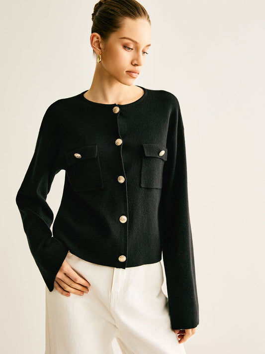 Round Neck Button Pocket Cardigan 