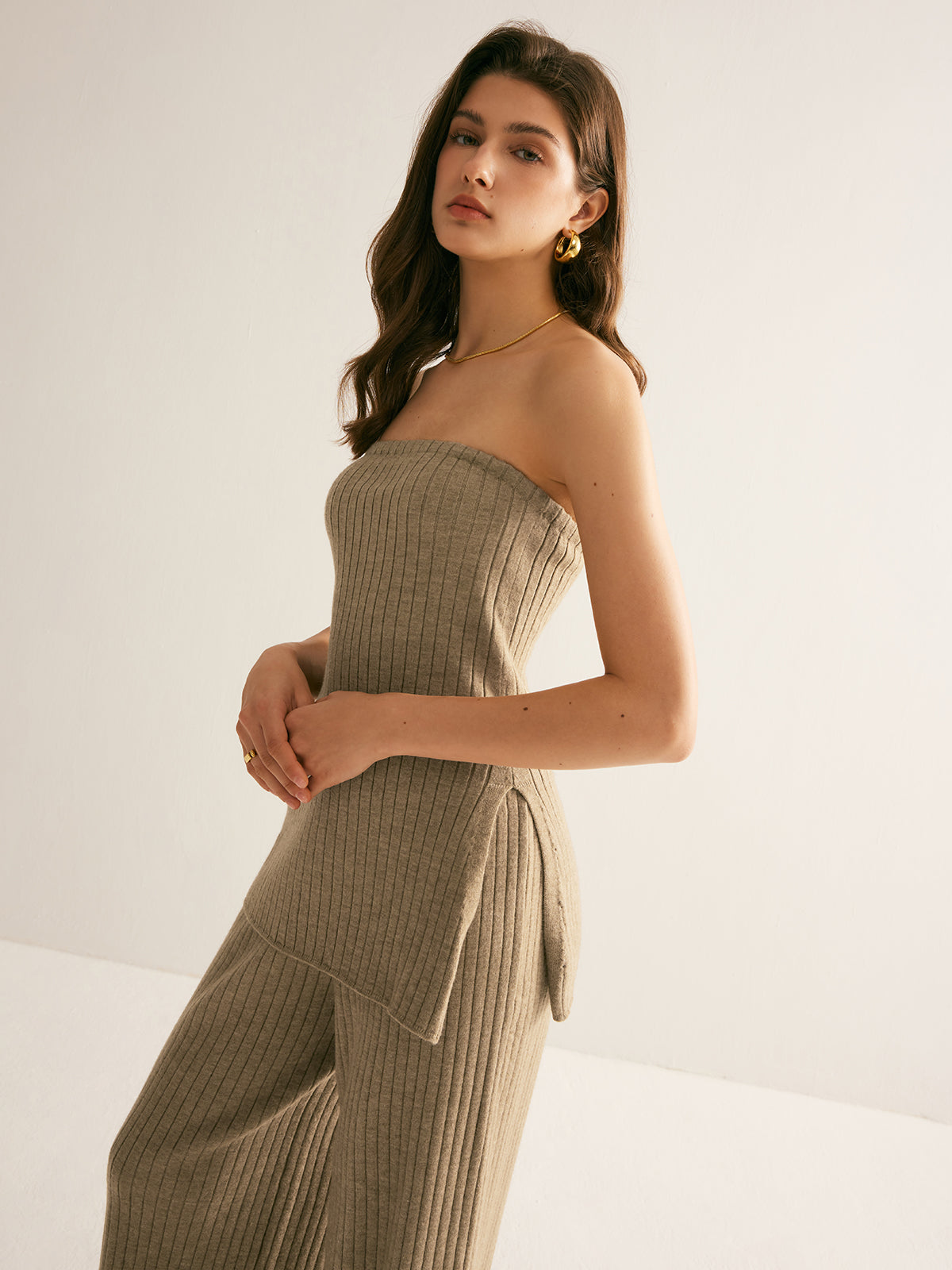 Ribbed Strapless Slit Sweater Vest Shine Aura