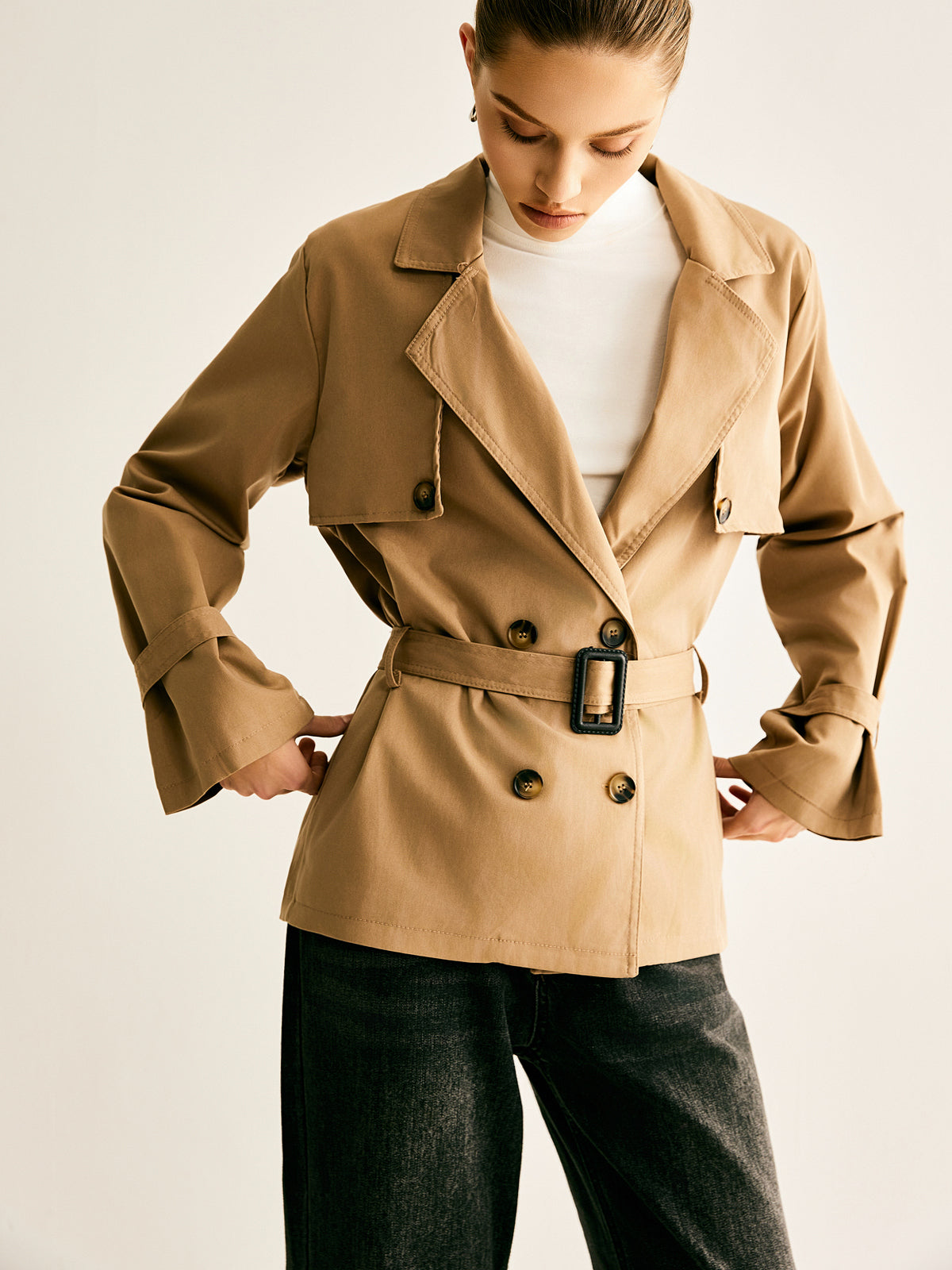 Lapel Buckle-Belted Trench Coat Shine Aura