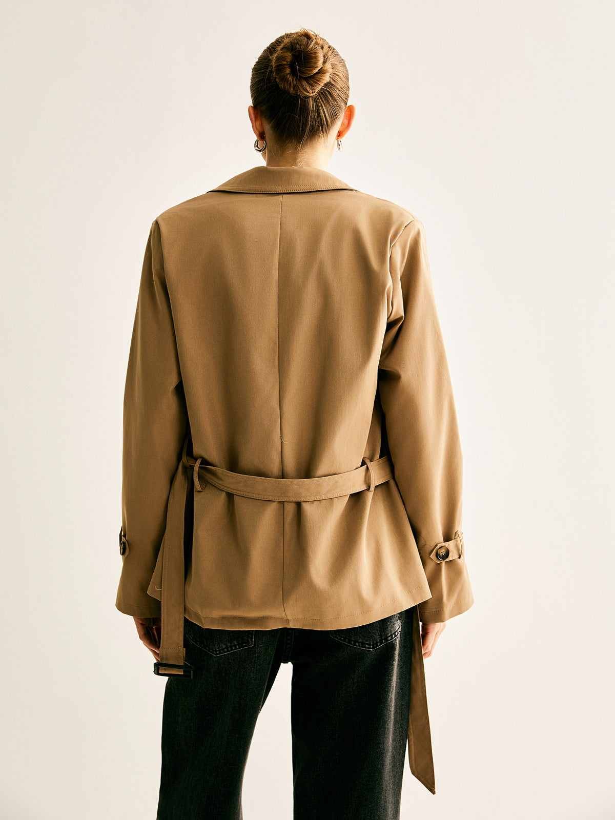 Lapel Buckle-Belted Trench Coat Shine Aura