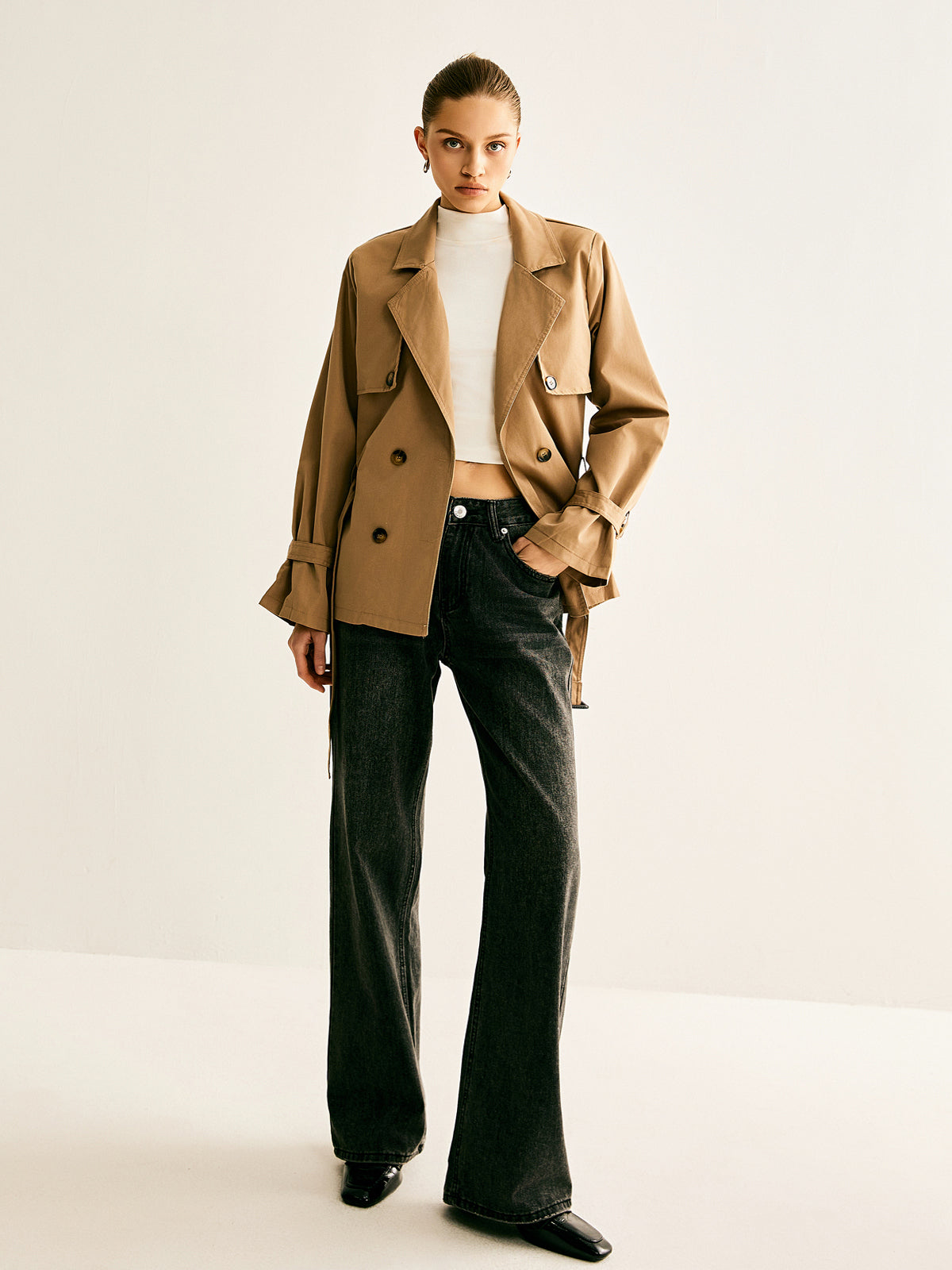 Lapel Buckle-Belted Trench Coat Shine Aura