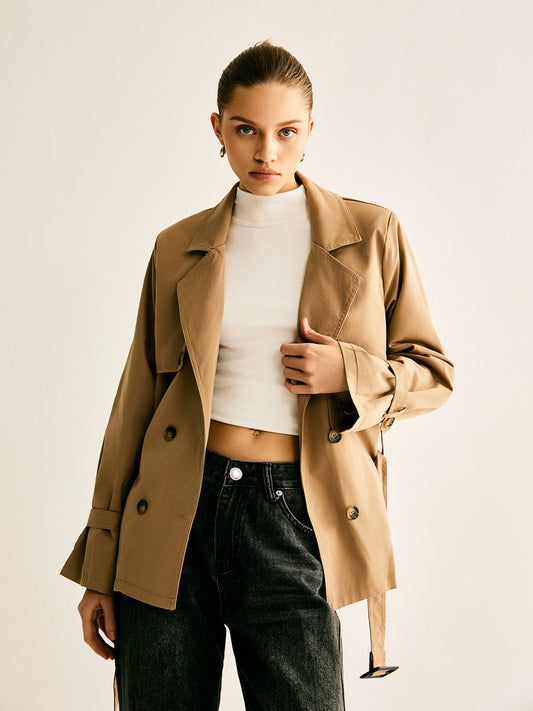 Lapel Buckle-Belted Trench Coat Shine Aura