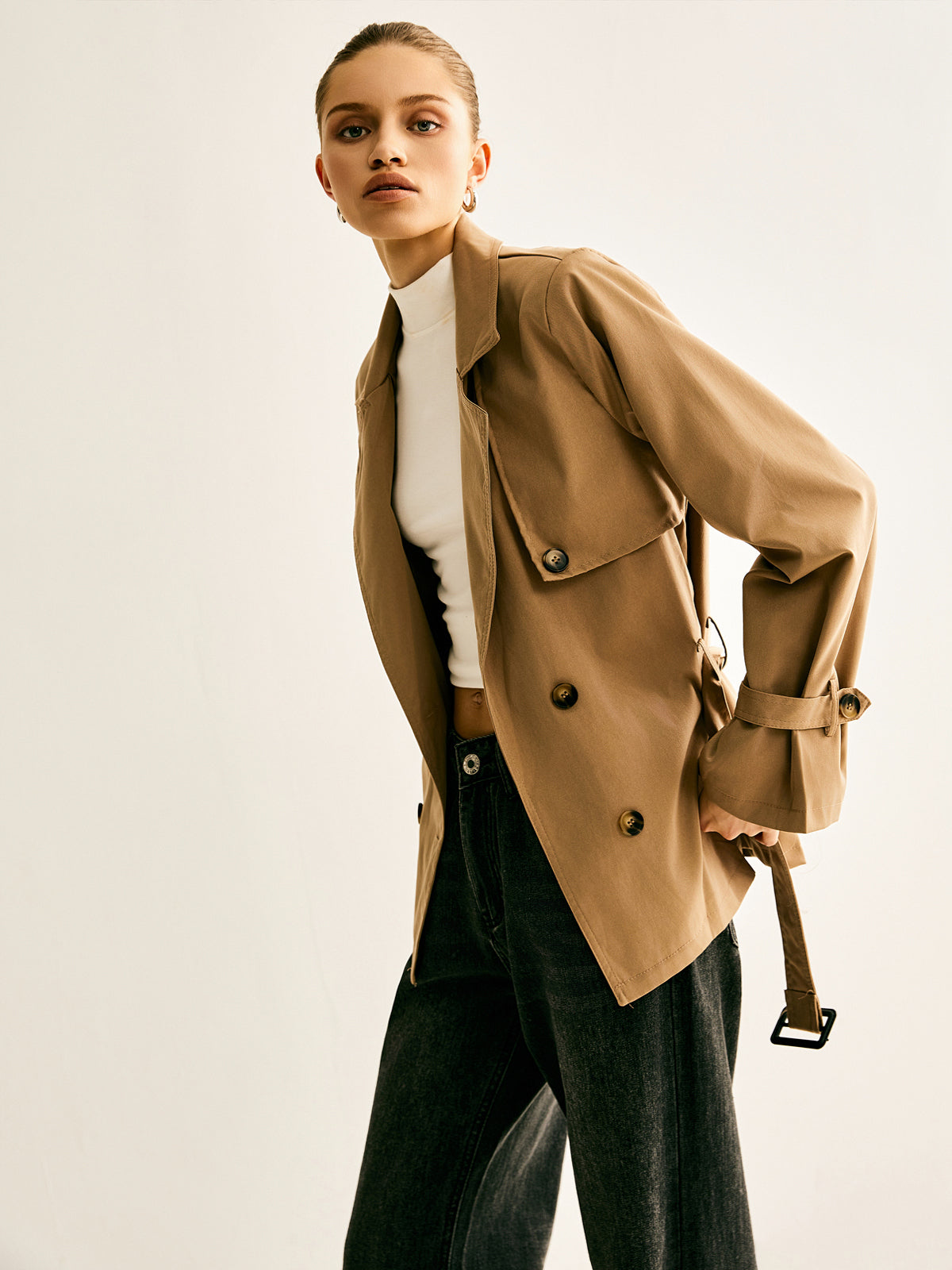 Lapel Buckle-Belted Trench Coat Shine Aura