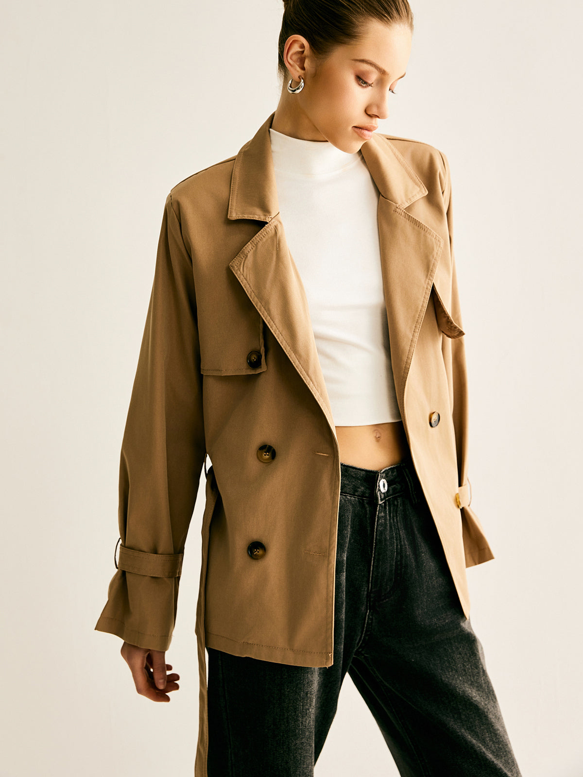 Lapel Buckle-Belted Trench Coat Shine Aura