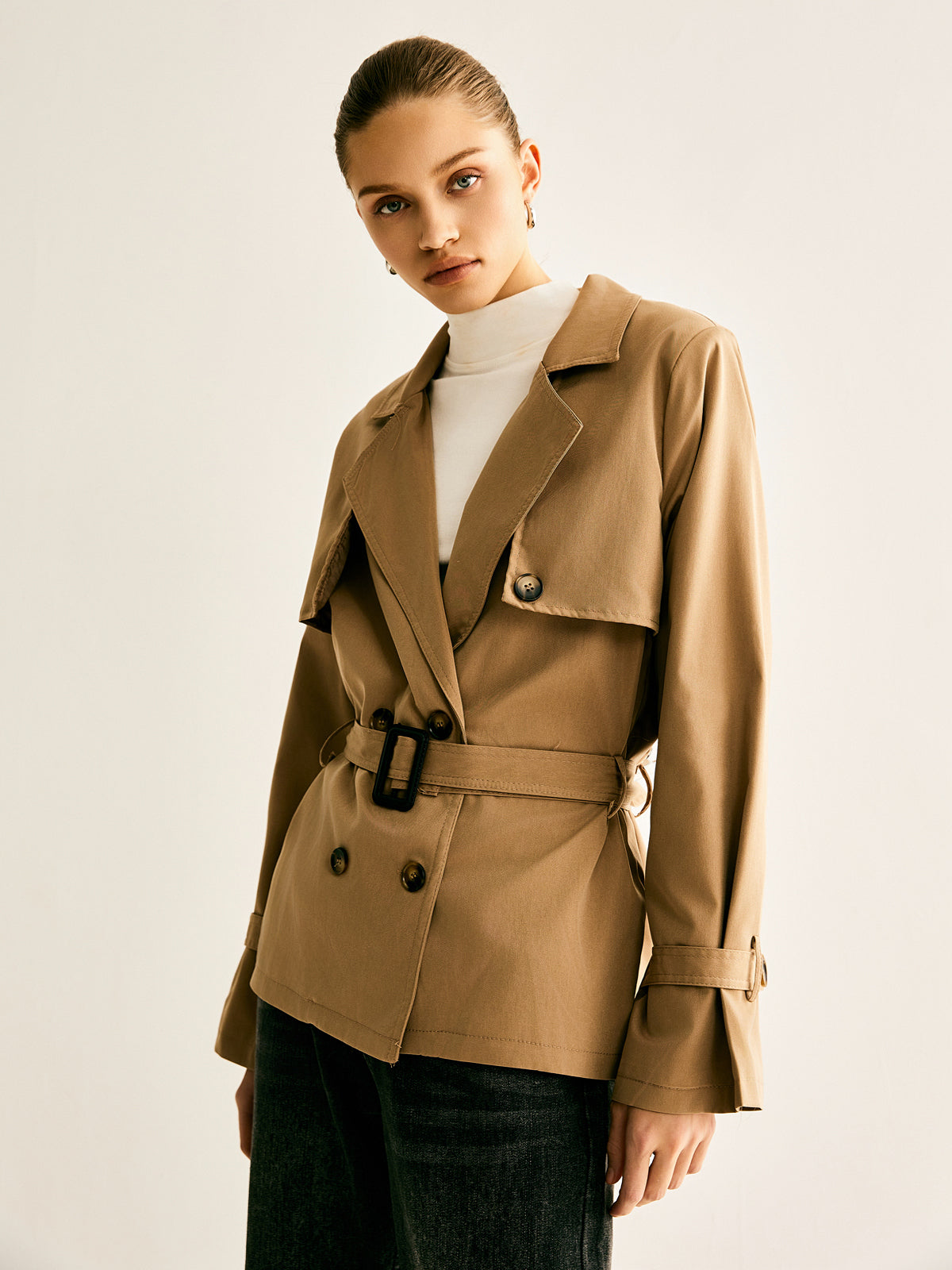 Lapel Buckle-Belted Trench Coat Shine Aura