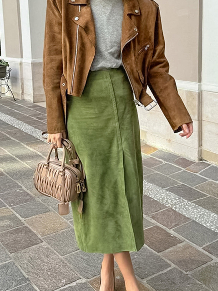 Süet Yırtmaçlı Fermuarlı Etek Shine Aura