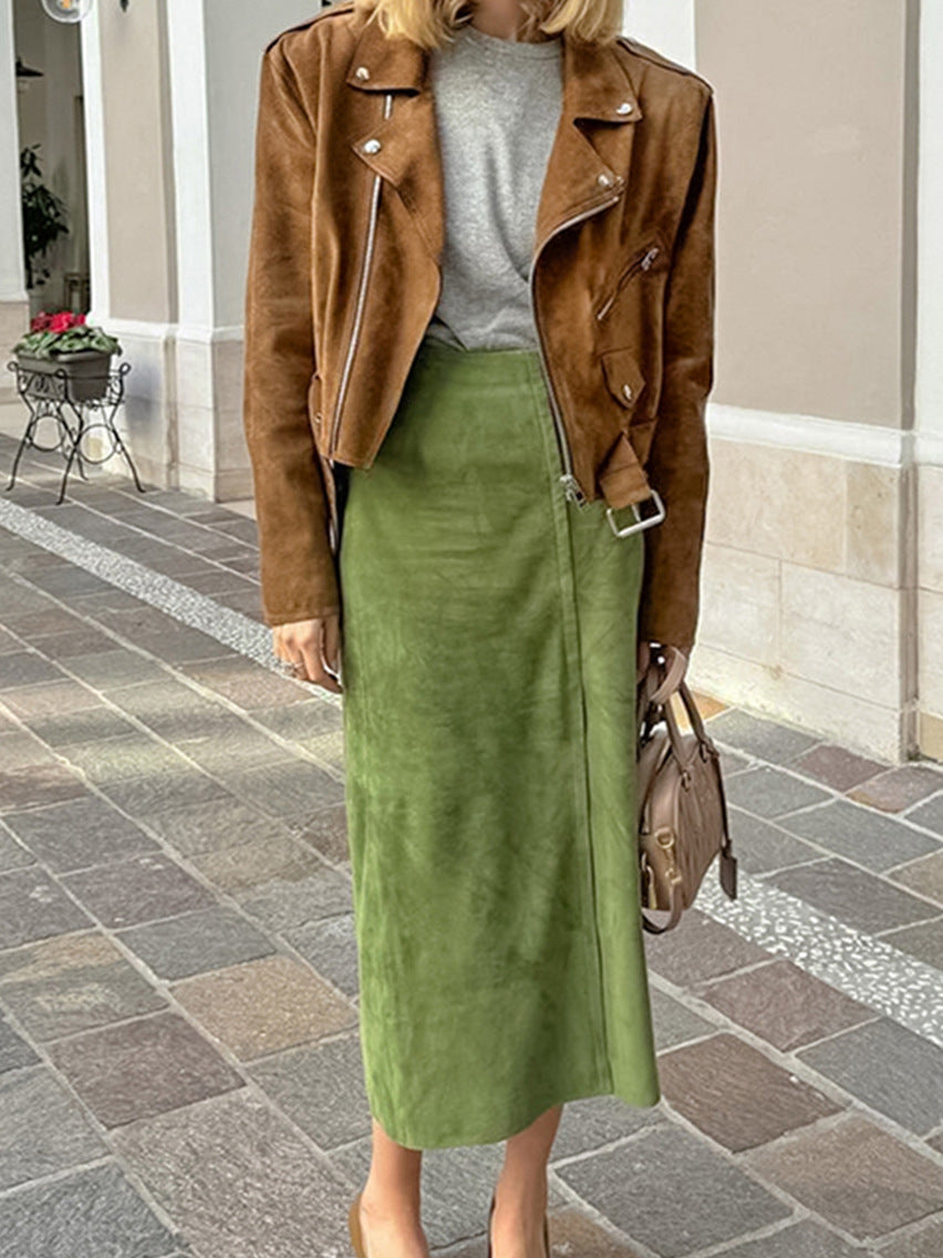 Süet Yırtmaçlı Fermuarlı Etek Shine Aura