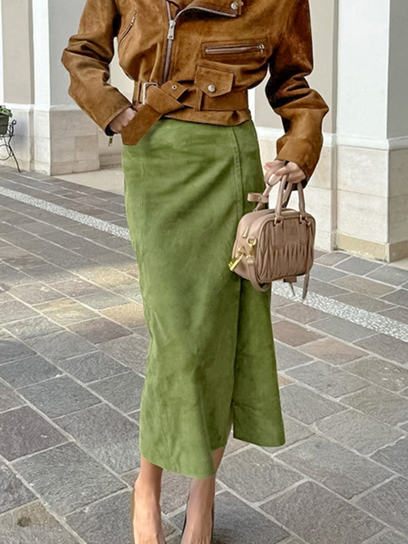 Süet Yırtmaçlı Fermuarlı Etek Shine Aura