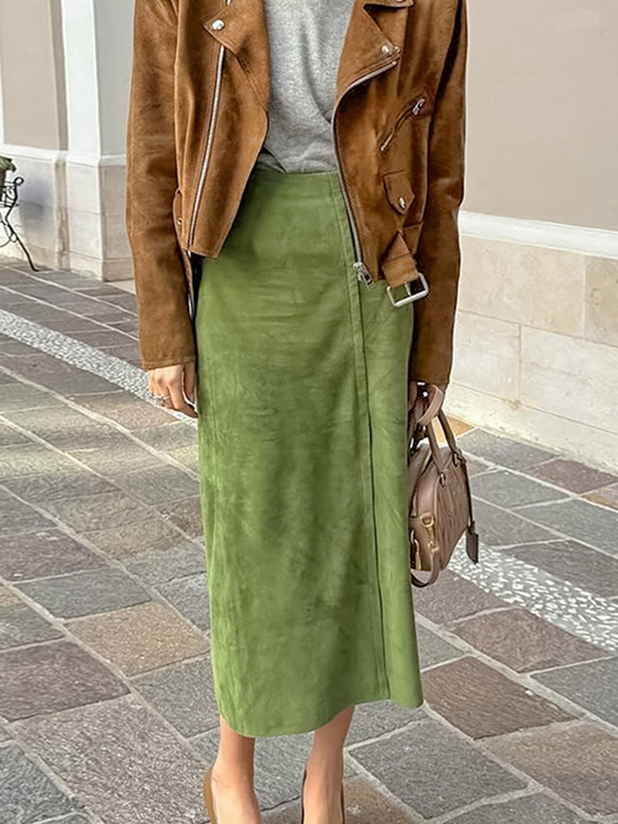 Süet Yırtmaçlı Fermuarlı Etek Shine Aura