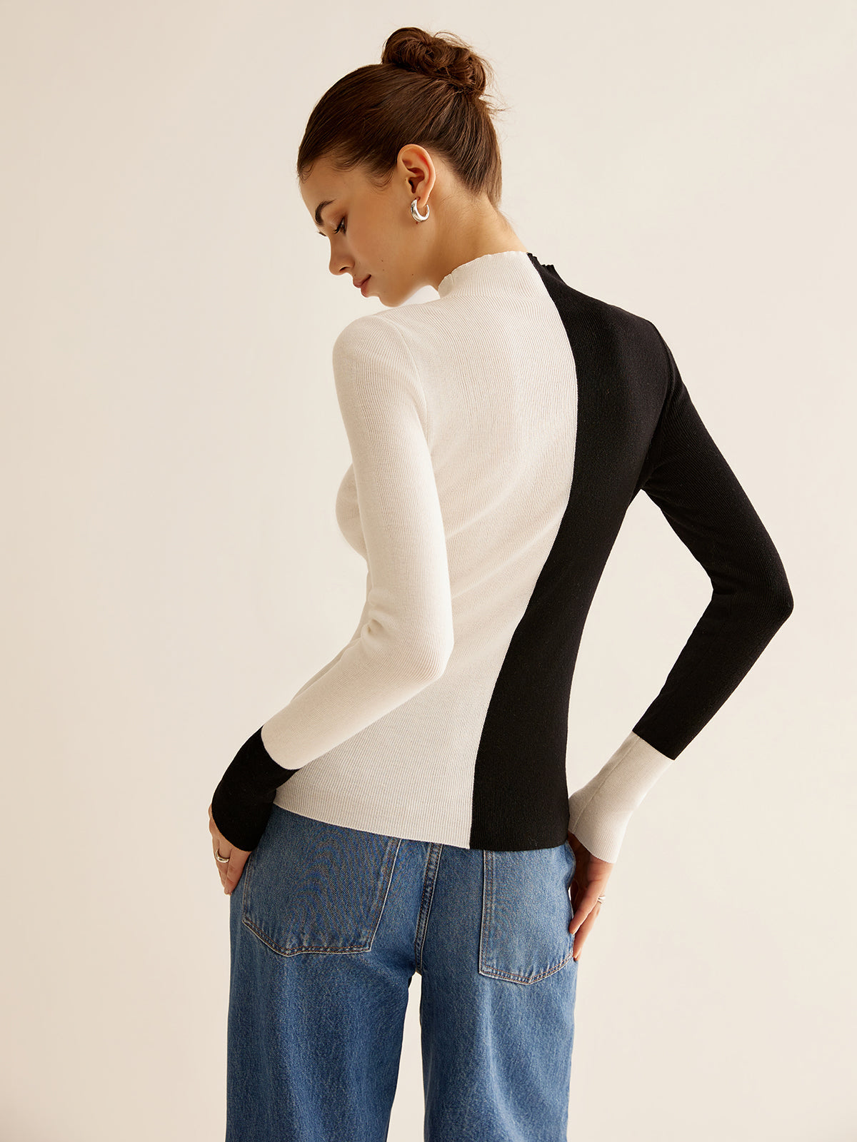 Wool-Blend Two Tone Skinny Knit Top Shine Aura