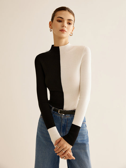 Wool-Blend Two Tone Skinny Knit Top Shine Aura