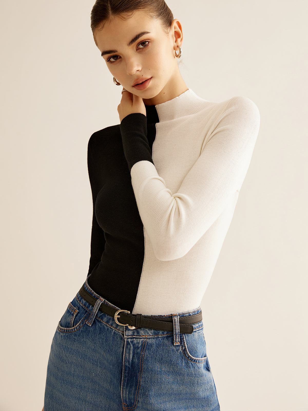 Wool-Blend Two Tone Skinny Knit Top Shine Aura