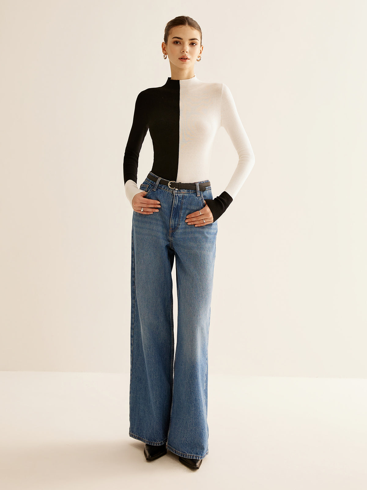 Wool-Blend Two Tone Skinny Knit Top Shine Aura