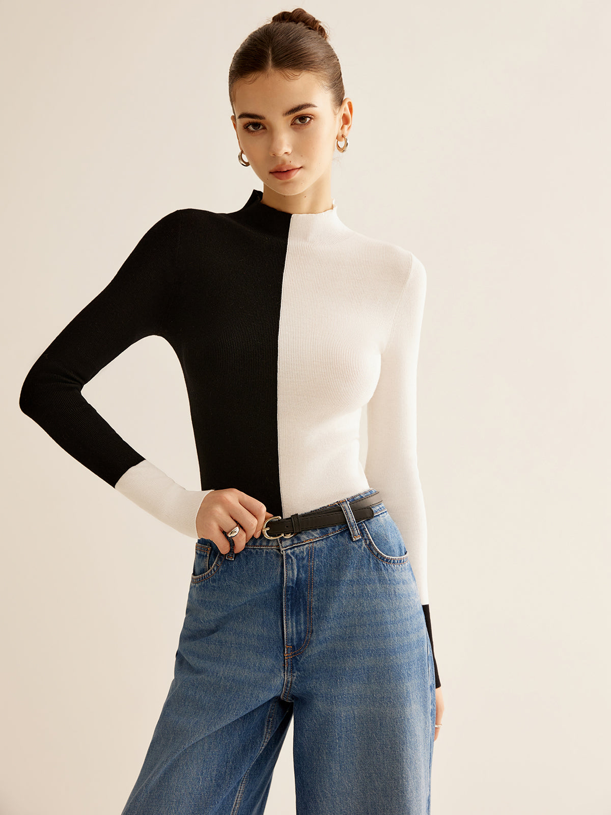 Wool-Blend Two Tone Skinny Knit Top Shine Aura