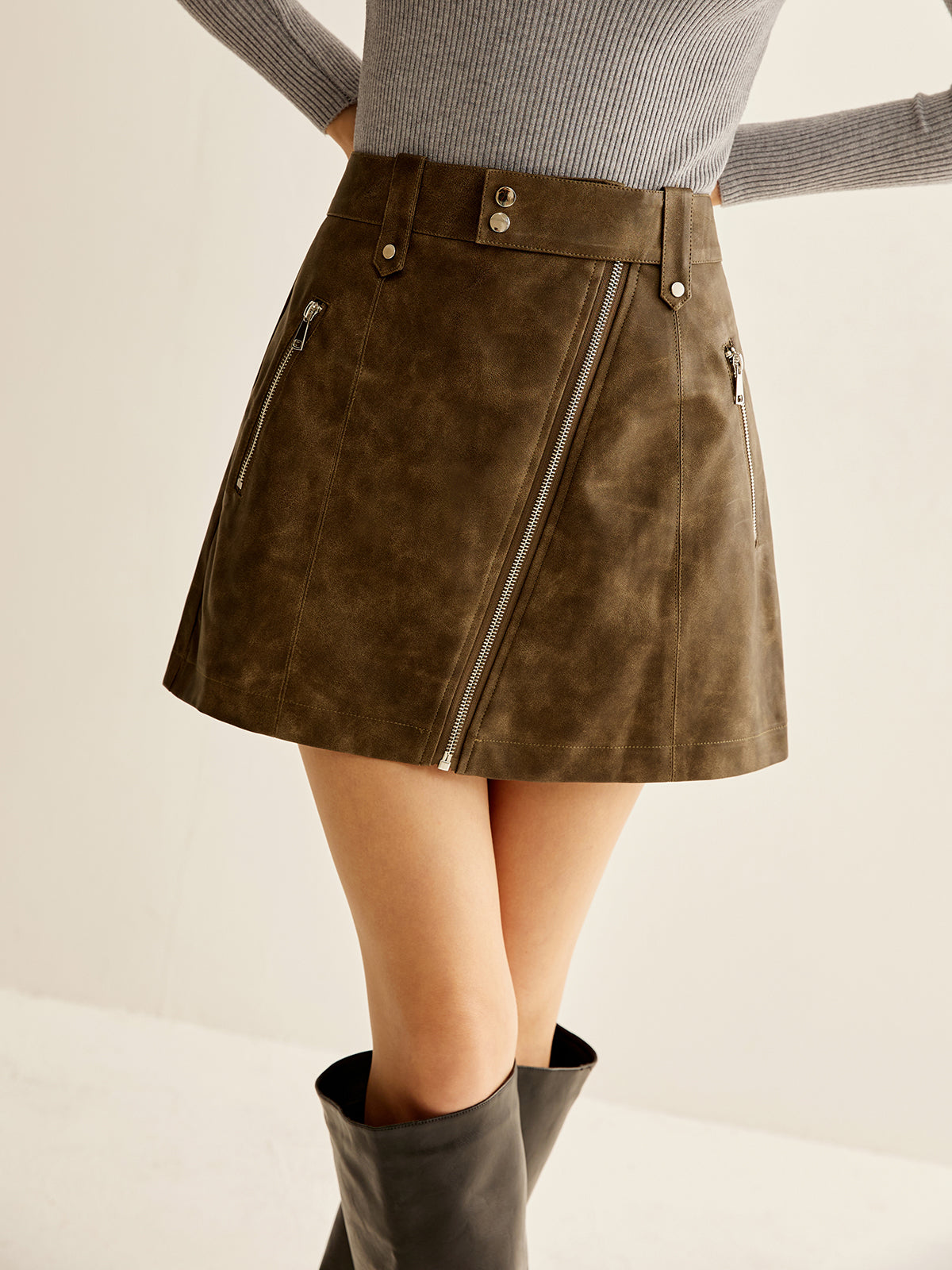 Asymmetrical Zipper Pockets Faux Leather Skirt Shine Aura