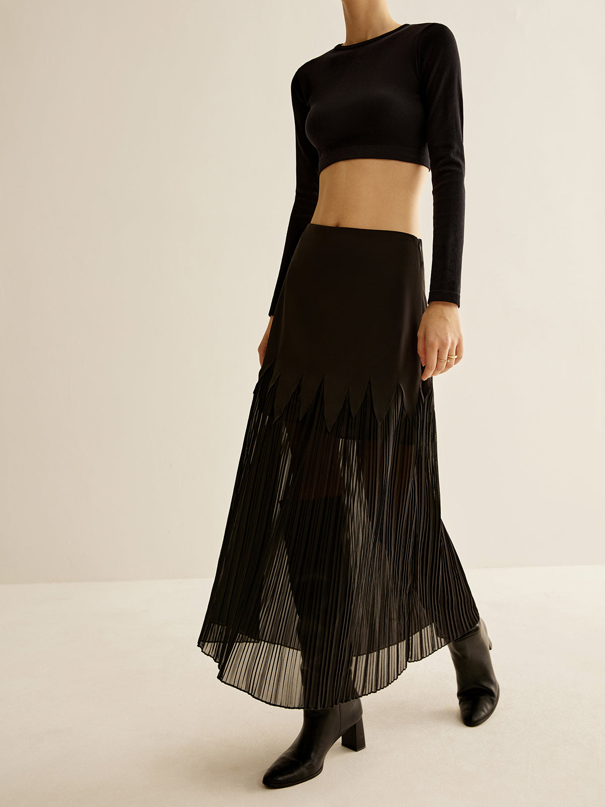 Panel Sheer Zipper Midi Skirt Shine Aura