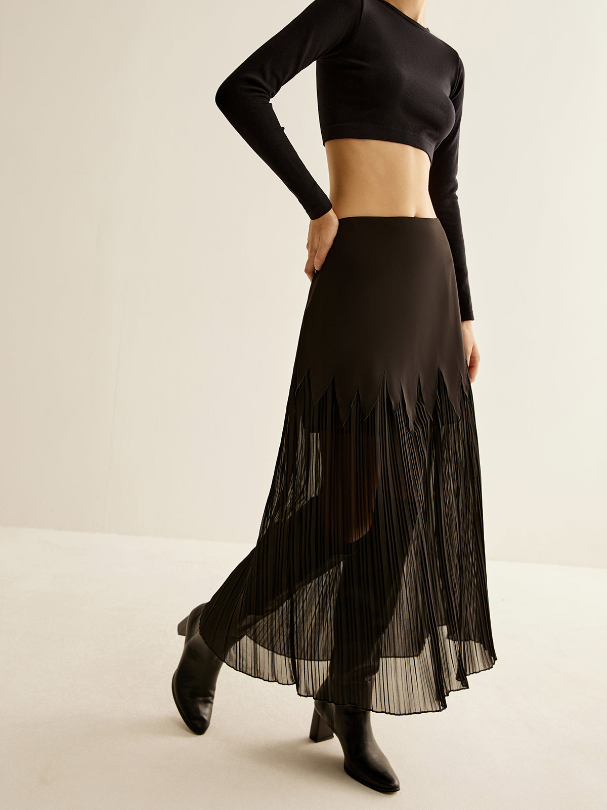 Panel Sheer Zipper Midi Skirt Shine Aura