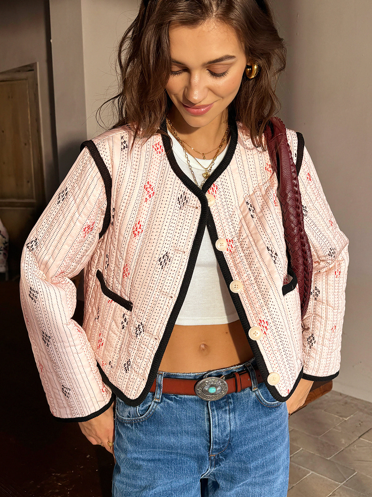 Boheme Kontrast Dikişli Kısa Ceket Shine Aura