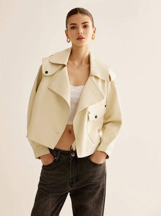 Flap-Pocket Faux Leather Jacket Shine Aura