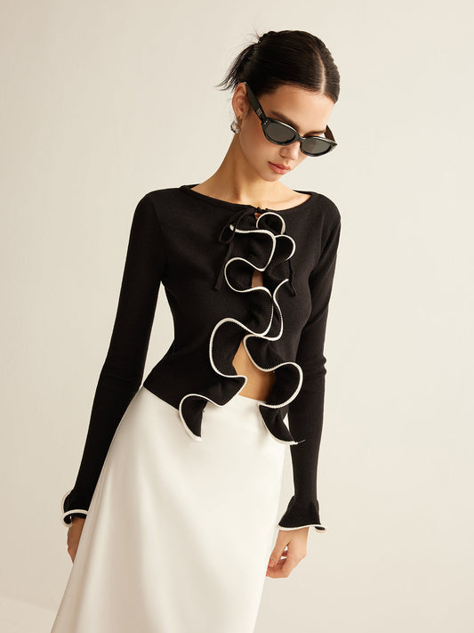 Contrast Ruffle Skinny Cardigan Shine Aura