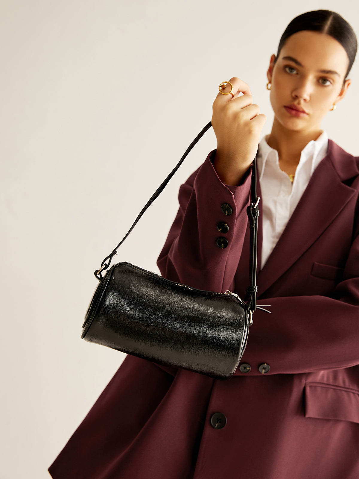 Cylindrical Zipper Bowling Shoulder Bag Shine Aura