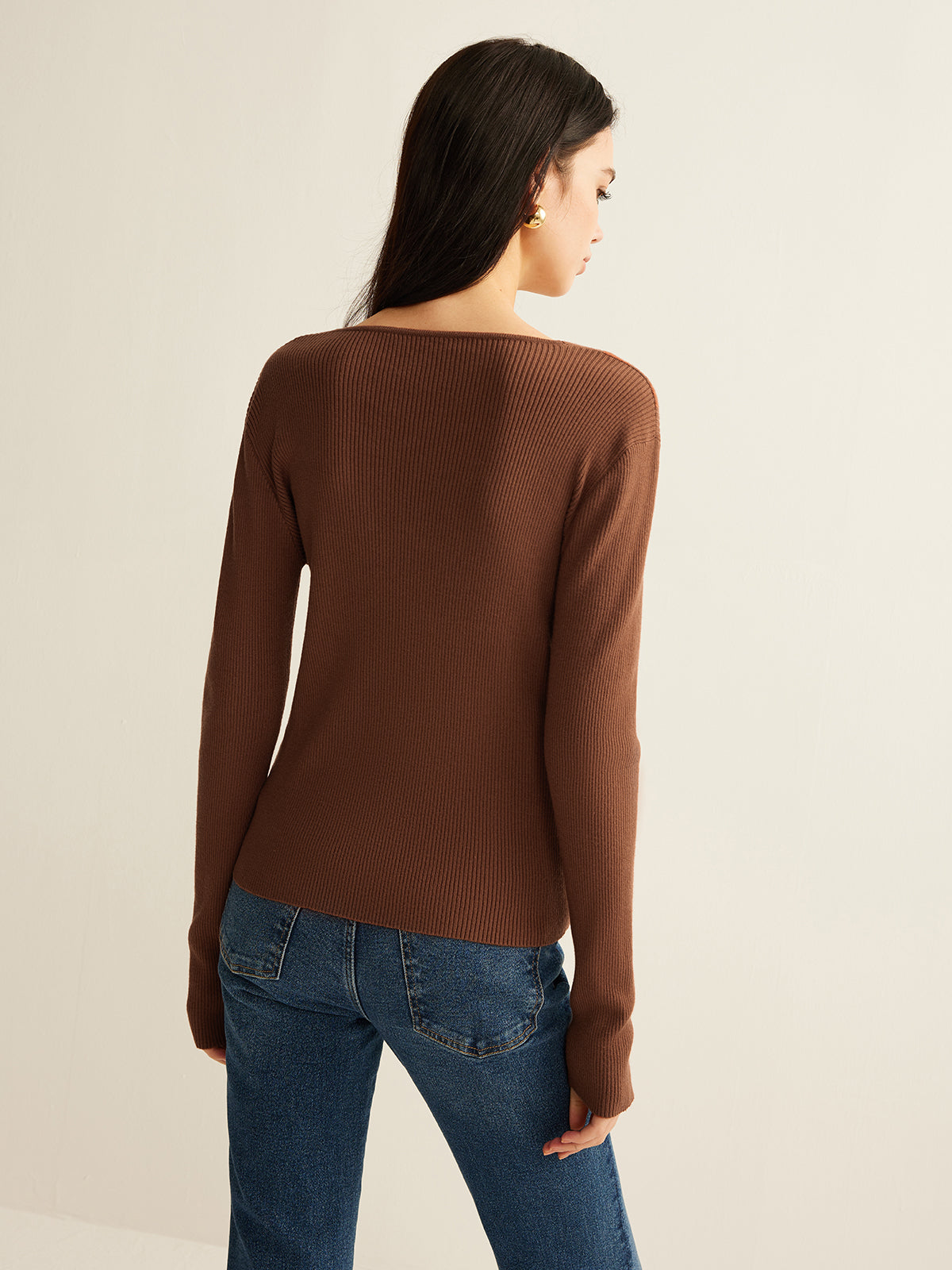 V-Neck Breasted Knit Top Shine Aura