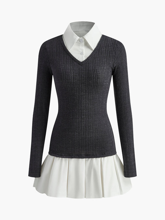 Color Block Panel Lapel Knit Dress Shine Aura