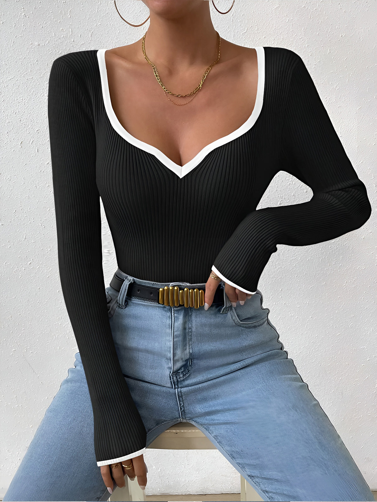 Contrast Trim Sexy Knit Top Shine Aura